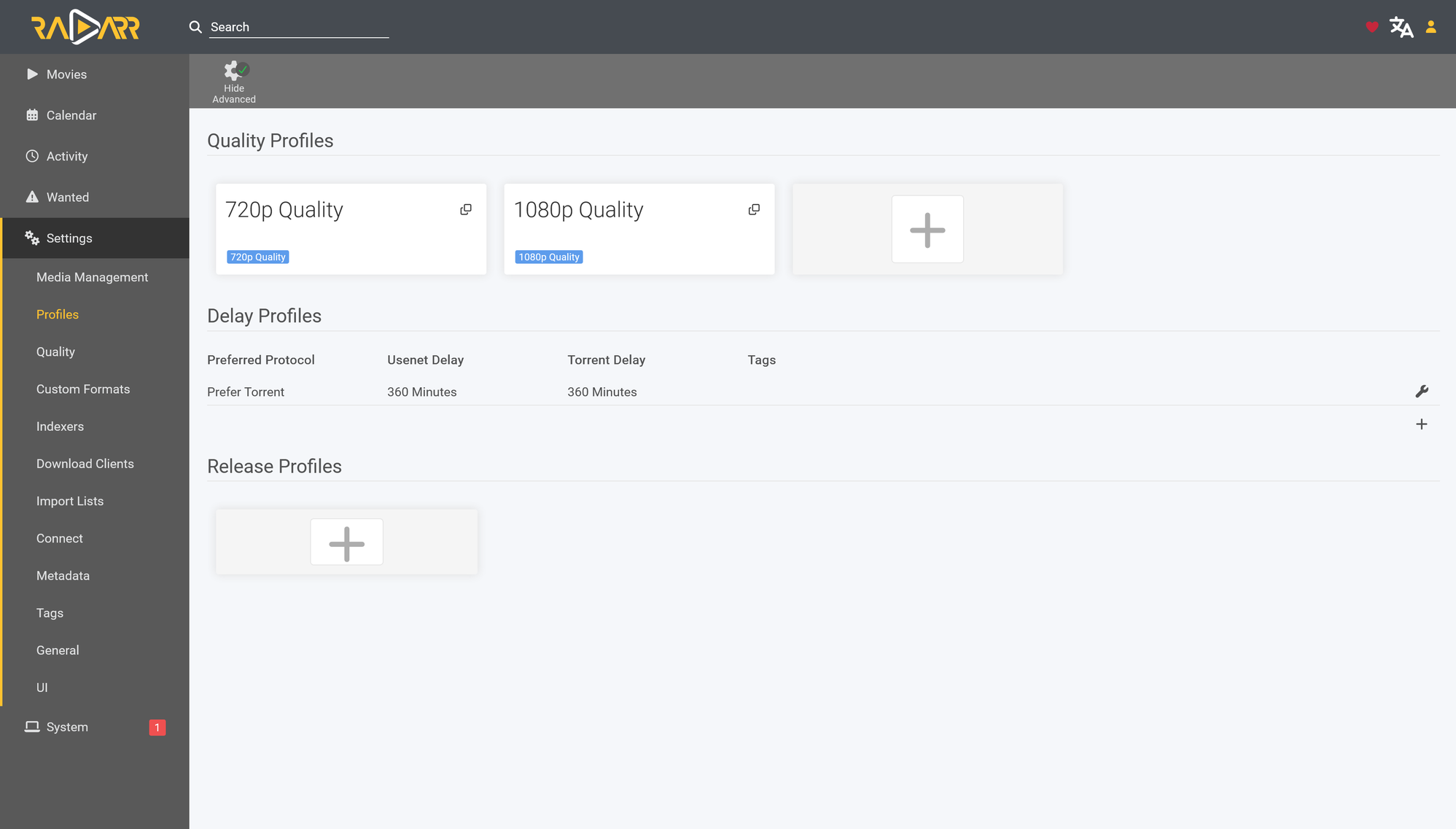Radarr's Profiles settings, listing the 720p Quality and 1080p Quality profiles synced from Dictionarry